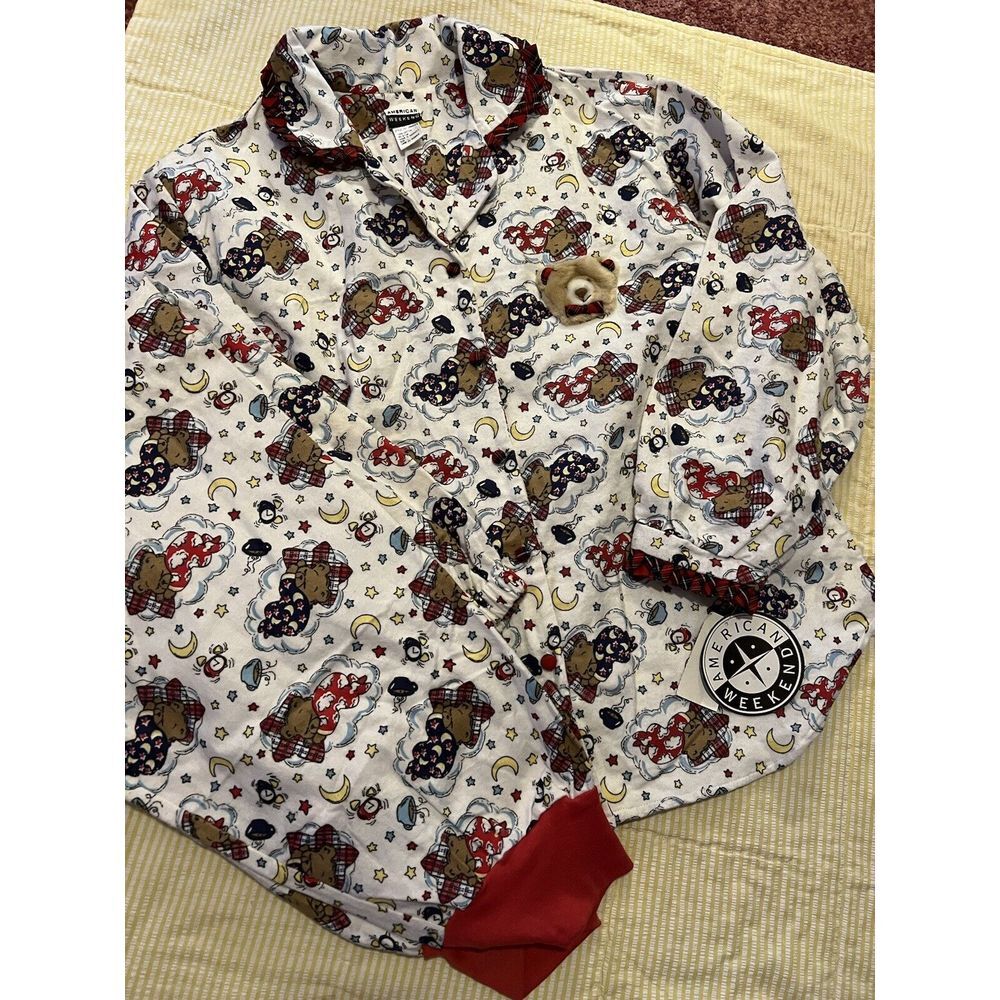 Vintage American Weekend Pajamas NWT Teddy Bear Patriotic‎ Flannel Large